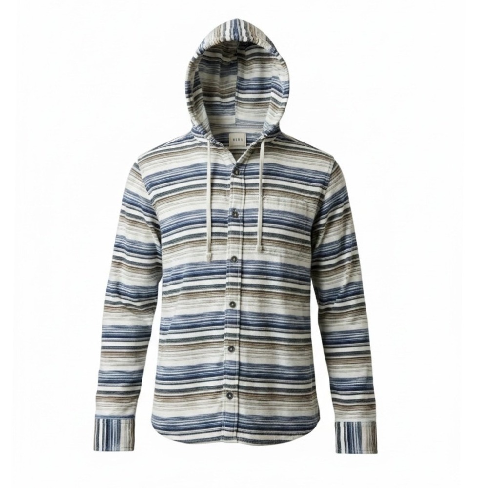 ROWM Unisex Hooded Button Down Shacket Blue Brown Striped Hoodie Size Medium
